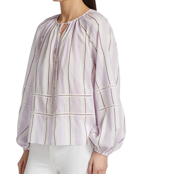 NWOT Tanya Taylor Janey Stripe Peasant Blouse Orchid White Stripe Puff Sleeve M - Picture 1 of 13